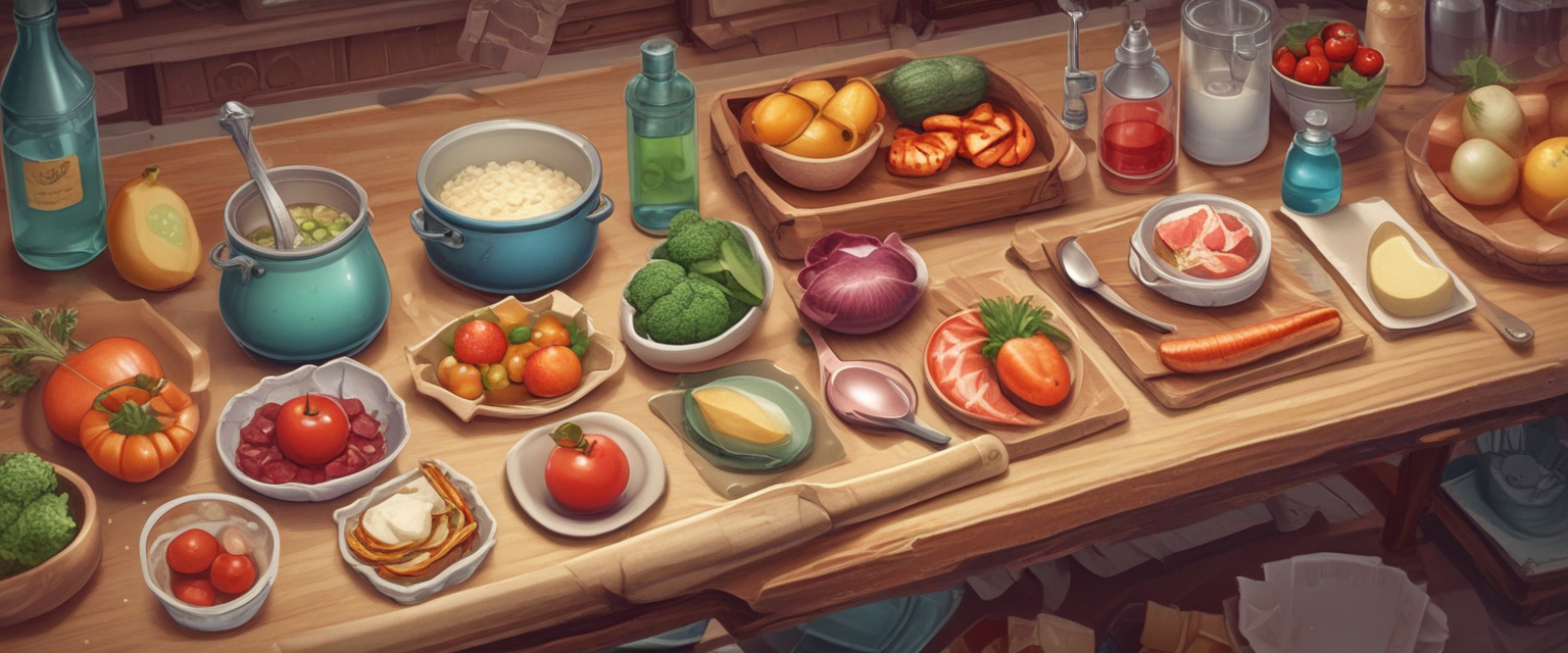 Interface du jeu Proportions en Cuisine avec des ustensiles de cuisine et des ingrédients